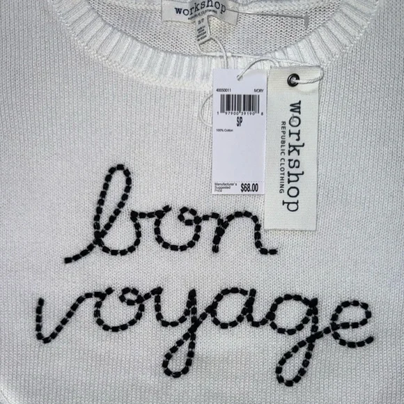 Workshop Republic Clothing Women Sz S ‘Bon Voyage’ White Cotton Knit Sweater New - Picture 9 of 16